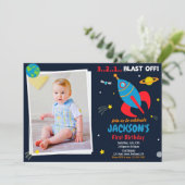 Foto Weltraumrakete Geburtstagsjunge Einladung (Stehend Vorderseite)