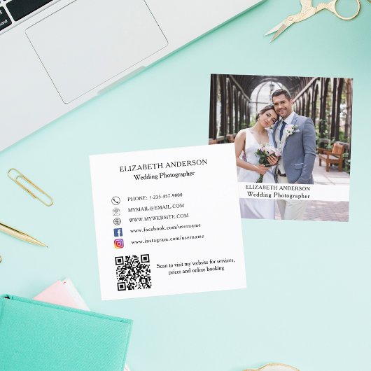 Foto White Black QR Code Social Media Quadratische Visitenkarte