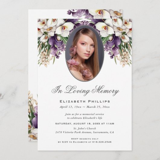Foto White Lila Orchid Beerdigungsdienst Einladung (Vorne/Hinten)