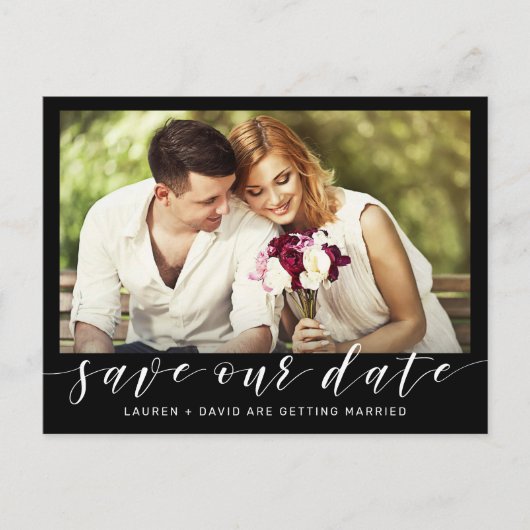 Foto White Script auf Black Wedding Save the Date Ankündigungspostkarte (Vorderseite)