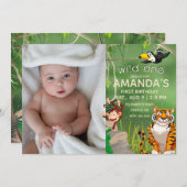 Foto Wild One Birthday Jungle Animals Party Einladung (Vorne/Hinten)