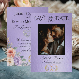 Foto, Wildblumen & Blatt-Monogramm - Blau Flieder Save The Date