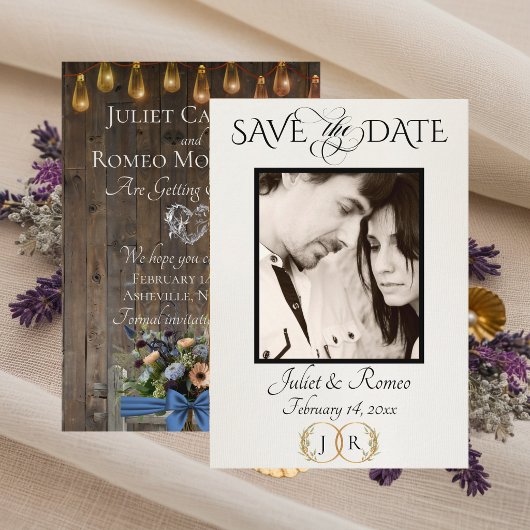 Foto, Wildblumen & Blatt-Monogramm - Blau Save The Date