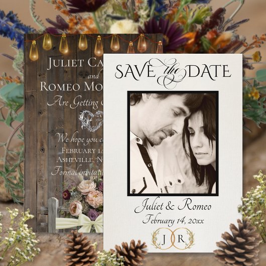 Foto, Wildblumen & Blatt-Monogramm - Creme Save The Date
