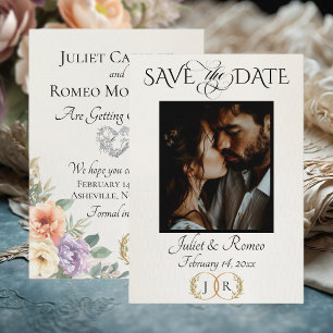 Foto, Wildblumen & Blatt-Monogramm - Elfenbein Save The Date