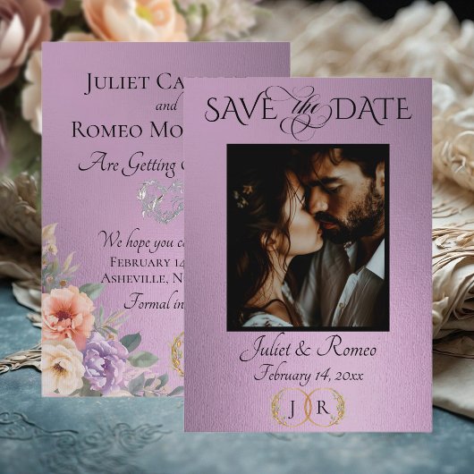 Foto, Wildblumen & Blatt-Monogramm - Lavendel Save The Date