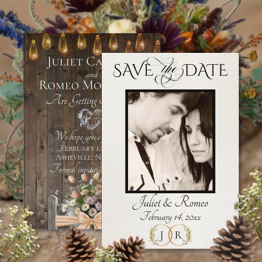 Foto, Wildblumen & Blatt-Monogramm - Pfirsich Save The Date
