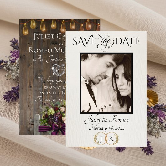 Foto, Wildblumen & Blatt-Monogramm - Pflaume Save The Date