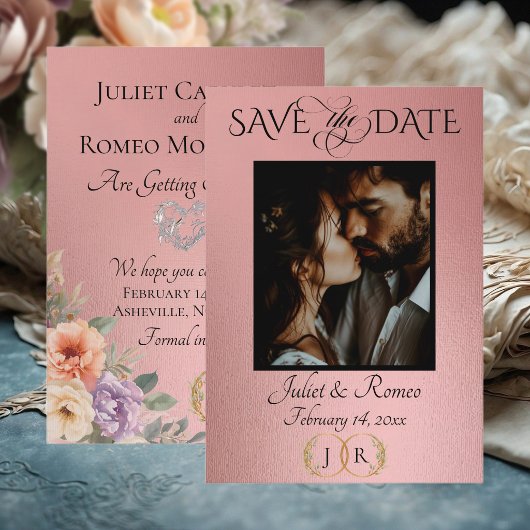 Foto, Wildblumen & Blatt Monogramm - Rosen Gold Save The Date