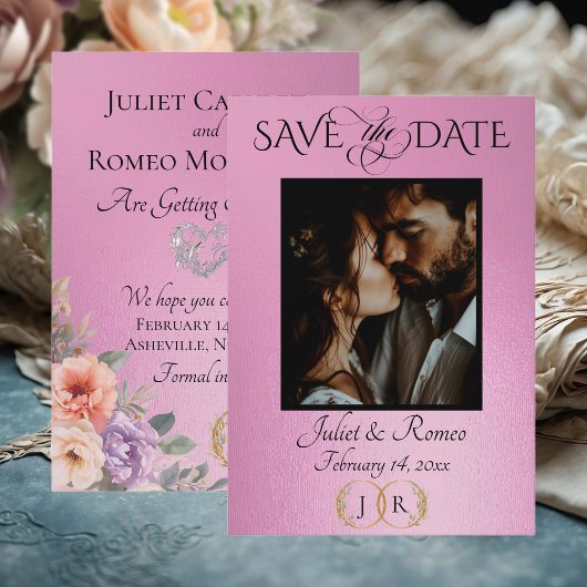 Foto, Wildblumen & Blatt-Monogramm - Rosenpink Save The Date