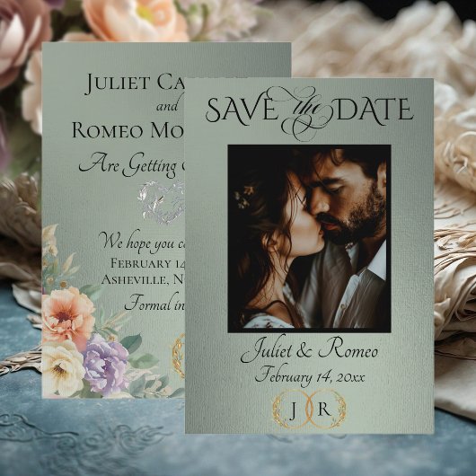 Foto, Wildblumen & Blatt-Monogramm - Salbei Save The Date