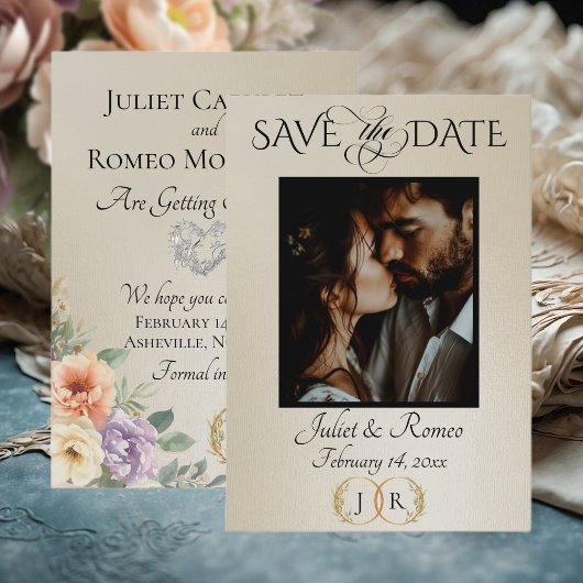 Foto, Wildblumen & Blatt-Monogramm - Weizen Save The Date
