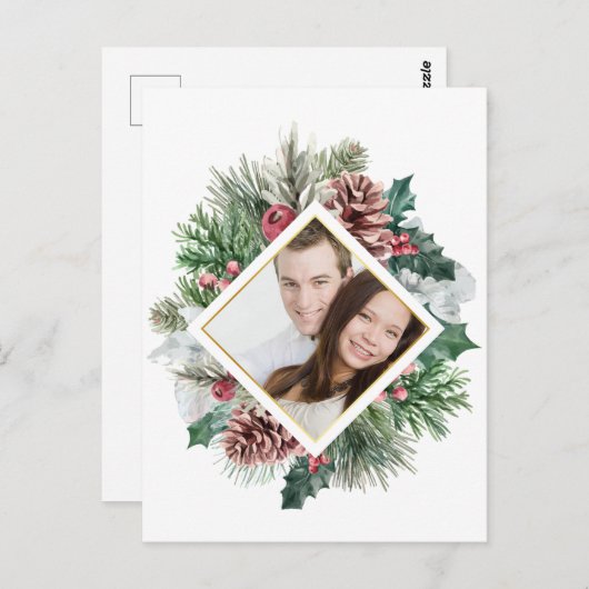 Foto Winter Pinecones und Holly Save the Date Postkarte (Vorne/Hinten)