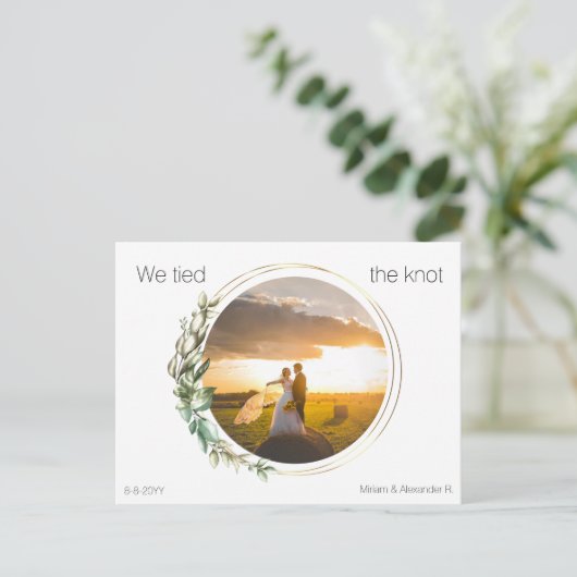 Foto Wir binden den Knoten Hochzeitsankündigung Postkarte (Stehend Vorderseite)