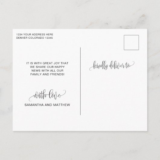 Foto, wir Got Verlobte weiße kalligraphische Verlo Ankündigungspostkarte (Rückseite)