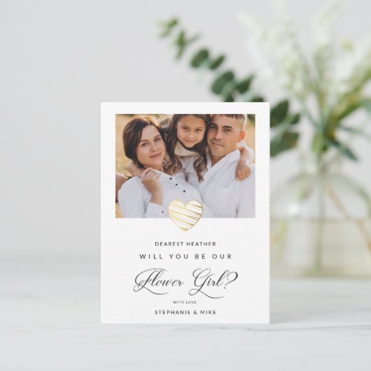 Foto wird unser Blumenmädchen weißes Herz sein Postkarte (Stehend Vorderseite)