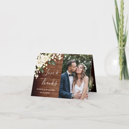 Foto "Wood & White Roses Floral Lantern" Vielen Da Dankeskarte (Vorderseite)