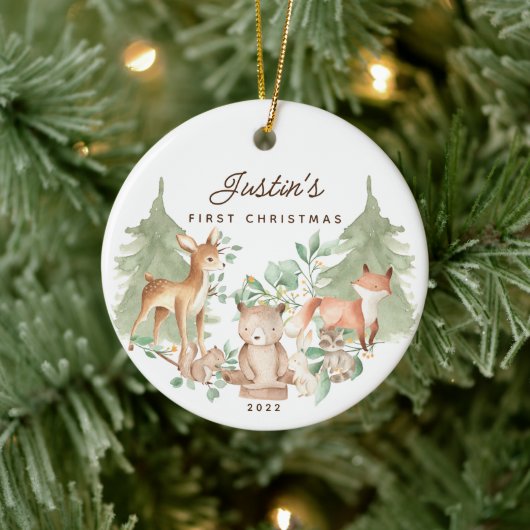 Foto Woodland Animals Baby's First Christmas Keramik Ornament (Baum)