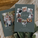 Foto Wreath | Moderne Minimale Collage Feiertagskarte<br><div class="desc">Eine festliche Urlaubskarte, die acht Ihrer Lieblings-Fotos in einem runden Kranz-Design mit einem weißen Single am unteren Rand des Gebäudes vereint. "Joy" erscheint in der Mitte in klassischer weißer Schrift auf einem gedämpften Waldgrün Hintergrund, mit Ihrem persönlichen Gruß und Namen am unteren Rand. Personalisieren Sie den Rücken mit einem zusätzlichen,...</div>