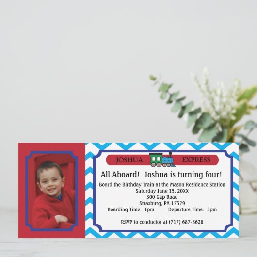 Foto-Zug-Karte - blaue Zickzack Streifen Einladung (Stehend Vorderseite)