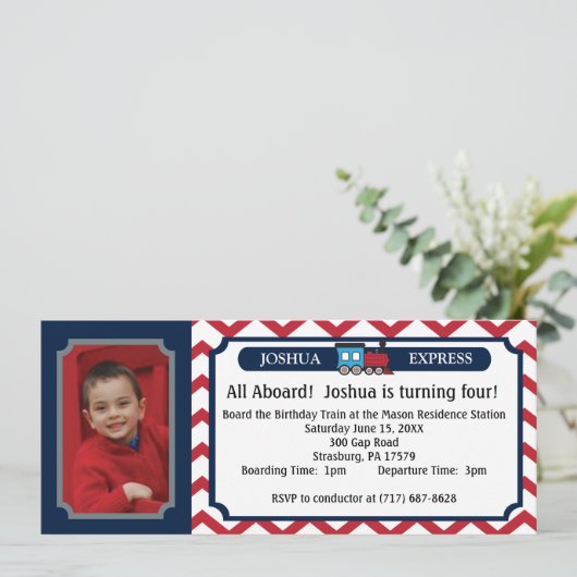 Foto-Zug-Karte - rotes Zickzack Einladung (Stehend Vorderseite)