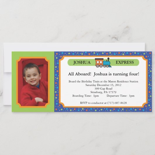 Foto-Zugticket - blau und grün Einladung (Vorderseite)