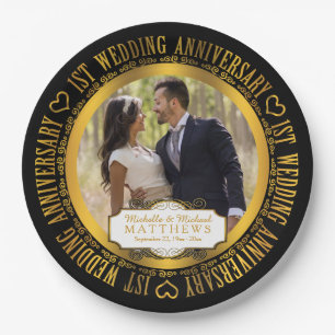 Foto zum 1. Hochzeitstag Black Vergoldet Pappteller