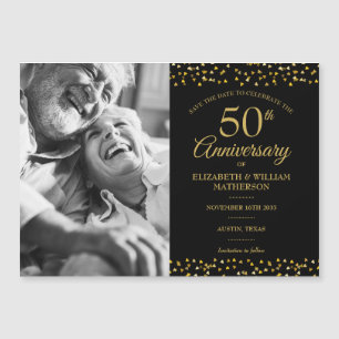 Foto zum 50. Hochzeitstag mit goldenen Herzen zur  Magneteinladung