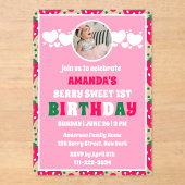 Foto zum ersten Geburtstag mit Erdbeeren Acryleinladungen (Vorderseite)