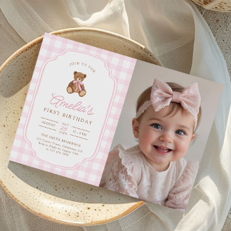Foto zum ersten Geburtstag mit rosa Gingham-Teddyb Einladung