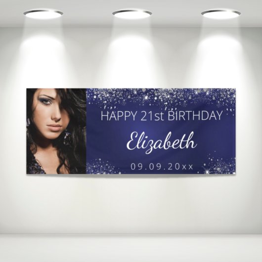 Foto zum Geburtstag, blau, silber Glitzer Banner