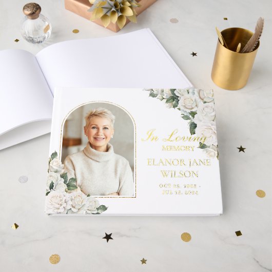 Foto zur Beerdigung des Blumenbildes von White Ros Gästebuch (Vorderseite offen)