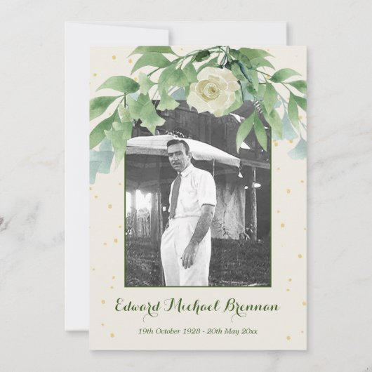 Foto zur Beerdigung Elegantes Rose Foliage Einladung (Rückseite)