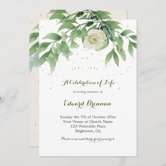 Foto zur Beerdigung Elegantes Rose Foliage Einladung (Vorne/Hinten)