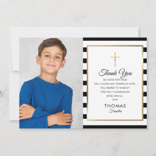 Foto zur Erstkommunion mit goldenem Kreuz und Stre Dankeskarte