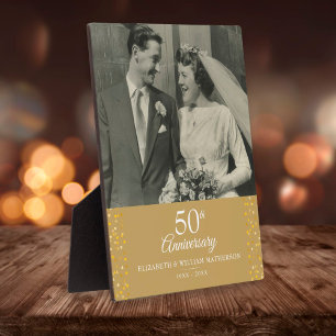 Foto zur goldenen Hochzeit mit goldenen Herzen Fotoplatte