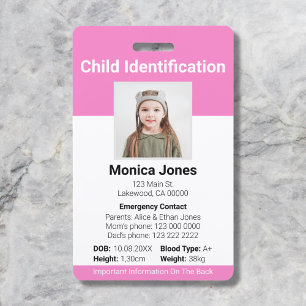 Foto zur Kinderidentifizierung weich rosa Ausweis