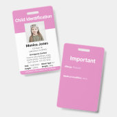 Foto zur Kinderidentifizierung weich rosa Ausweis (Vorder- & Rückseite)