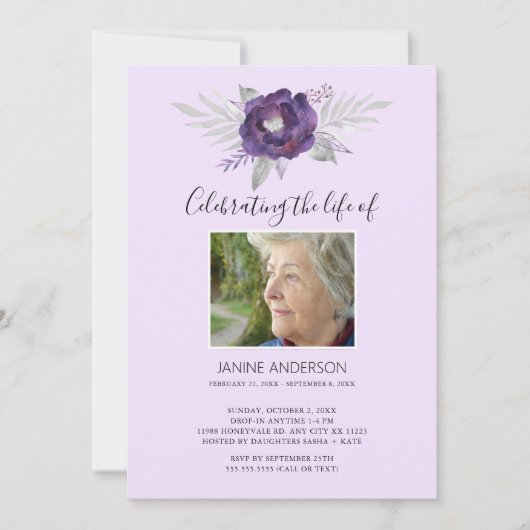 Foto zur lila Blumenfeier Einladung (Vorderseite)
