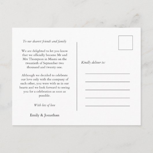 Foto zur Minimalistischen Einführung Ankündigungspostkarte (Rückseite)