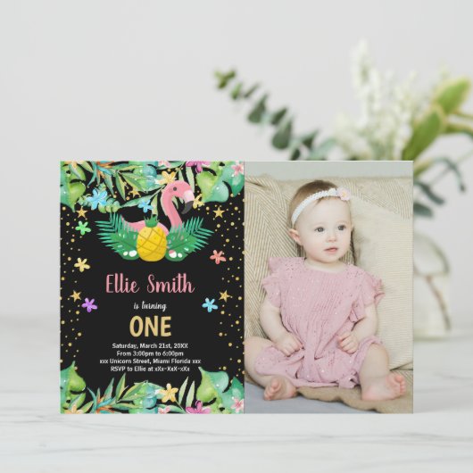 FotoBlack Pineaple Flamingo Einladung zum Geburtst (Stehend Vorderseite)
