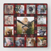 FotoCollage 13 Bilder zu Instagram | Rot Kariert Quadratische Wanduhr (Vorderseite)