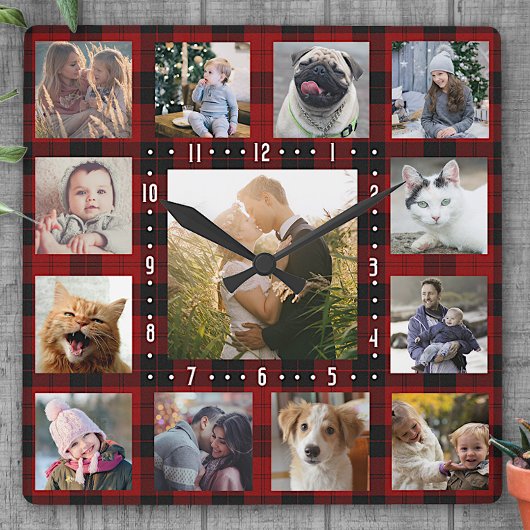 FotoCollage 13 Bilder zu Instagram | Rot Kariert Quadratische Wanduhr