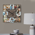 FotoCollage 16 Bild Braunes Holz nummeriert Quadratische Wanduhr<br><div class="desc">Foto Wanduhr mit 16 Ihrer Lieblings-Fotos. Das Design hat einen rustikal braunen Holzausschnitt und eine stilvolle Uhr Gesicht mit modernen Zahlen. Die Fotovorlage ist für Sie bereit, Ihre Fotos hochzuladen, die in 2x Portrait, 2x Landschaft und 12x Quadrat / Instagram Bildformat angezeigt werden. Bitte stöbern Sie in meinem Shop für...</div>