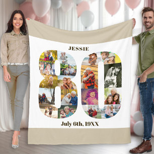 Fotocollage 80. Geburtstag Neutral Beige Bild Fleecedecke
