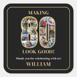 Fotocollage "80 gut aussehen" 80. Geburtstag Quadratischer Aufkleber