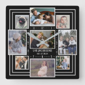 Fotocollage 9 Bilder Name Schwarz Streifen Mod Quadratische Wanduhr (Vorderseite)