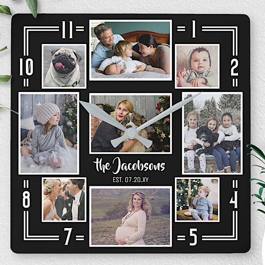Fotocollage 9 Bilder Name Schwarz Streifen Mod Quadratische Wanduhr