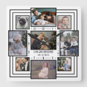 Fotocollage 9 Bilder Name Weiß Streifen Mod Quadratische Wanduhr (Vorderseite)