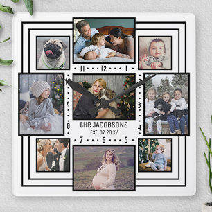 Fotocollage 9 Bilder Name Weiß Streifen Mod Quadratische Wanduhr